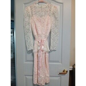 Vintage 70's Handmade Pink Lace A-line Midi Evening Dress W/ Lace Overlay S/M